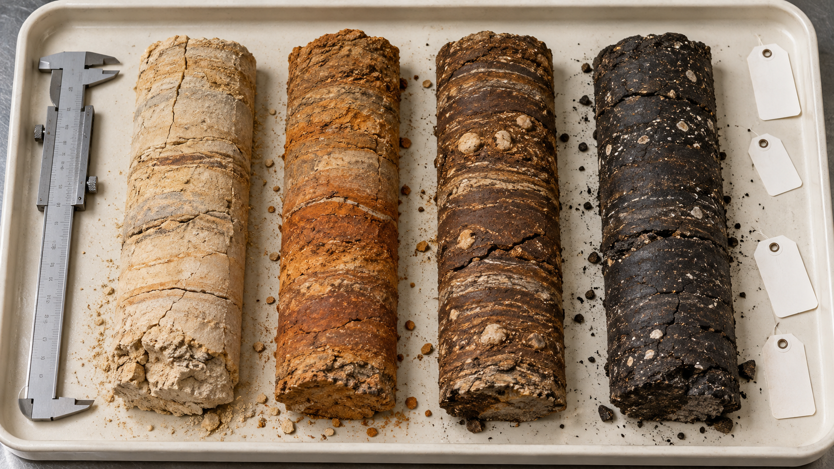 Specimen plate of four cylindrical cores progressing from pale weathered material to dark clove-rich rock