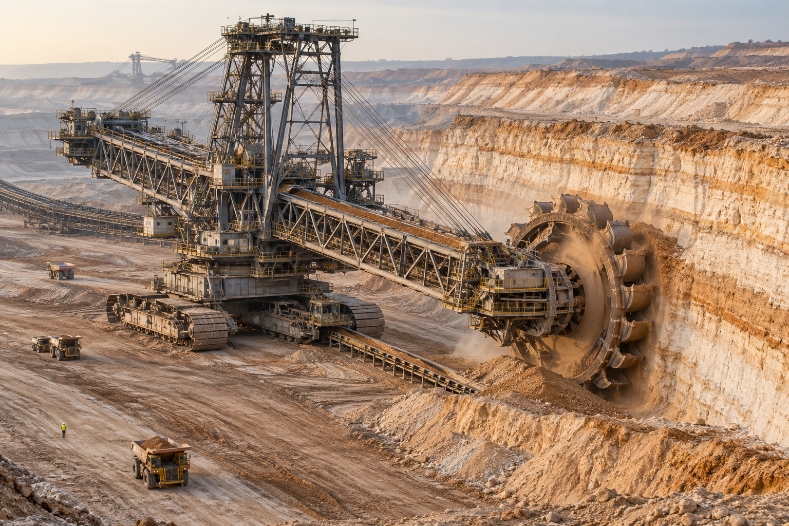 Bagger 288-class bucket-wheel excavator cutting pale layered pie-spice deposits in a terraced surface mine