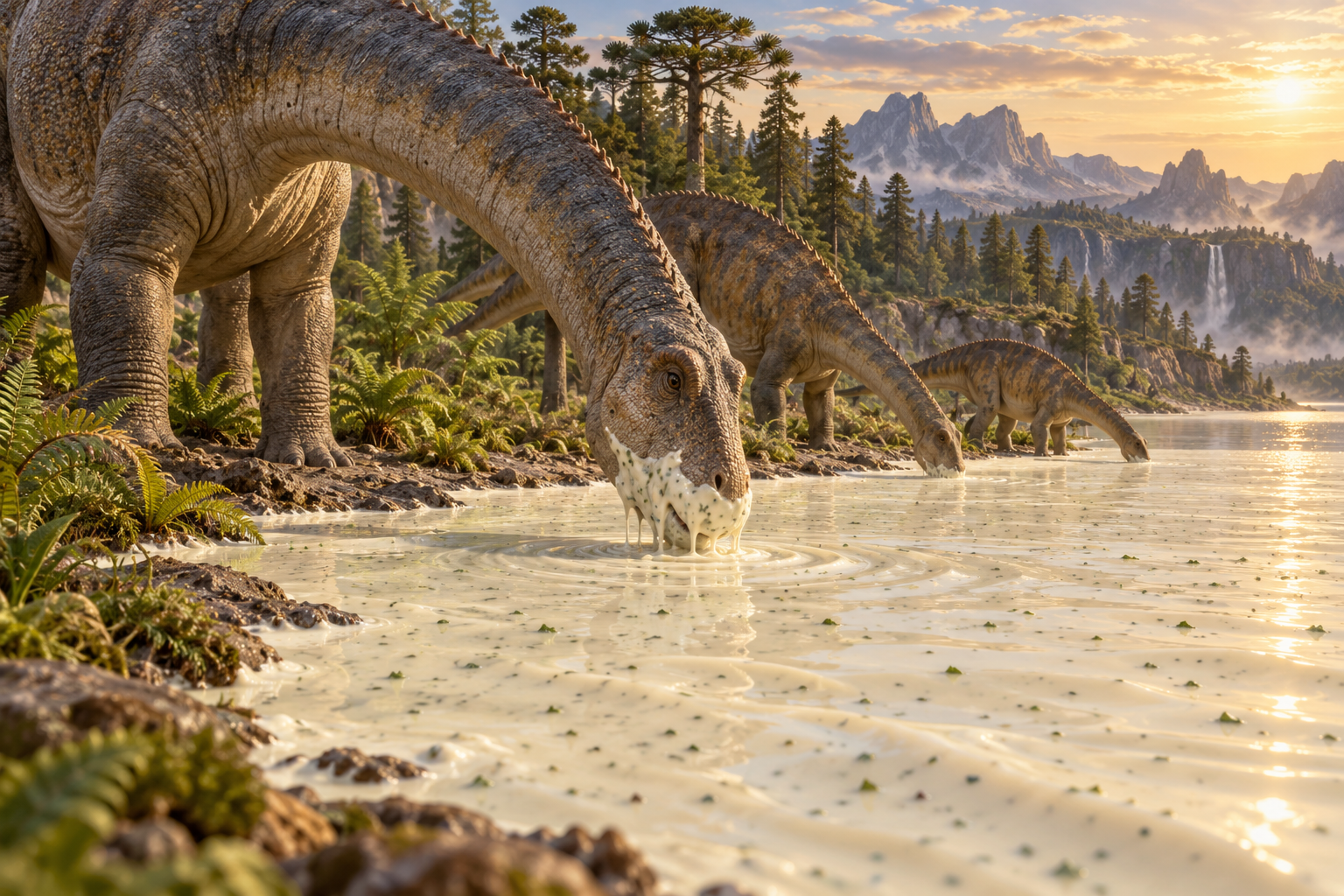 Dinosaurs drinking from a prehistoric ranch lake